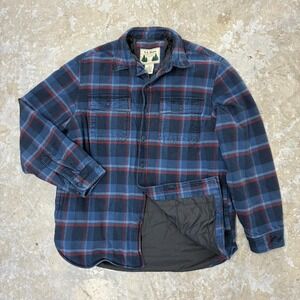 L.L. Bean Shirt Mens Medium Blue Plaid Quilted Lined Button Long Sleeve Shacket